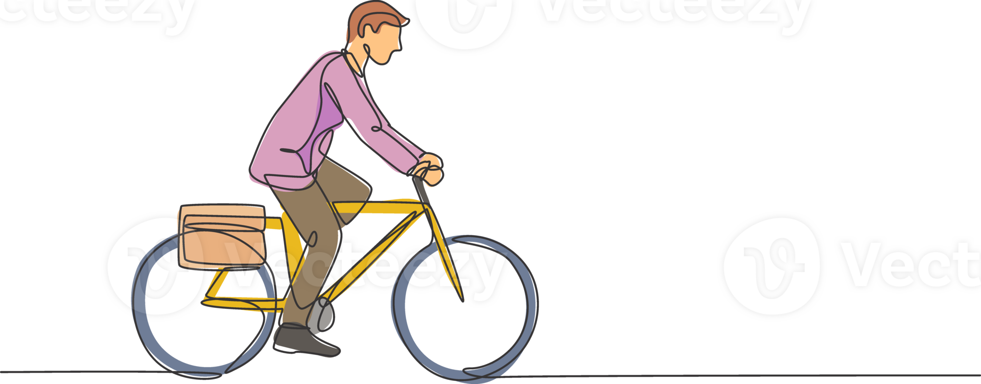 One single line drawing of young happy professional startup employee man ride bicycle to the coworking space illustration. Healthy commuter lifestyle concept. Modern continuous line draw design png