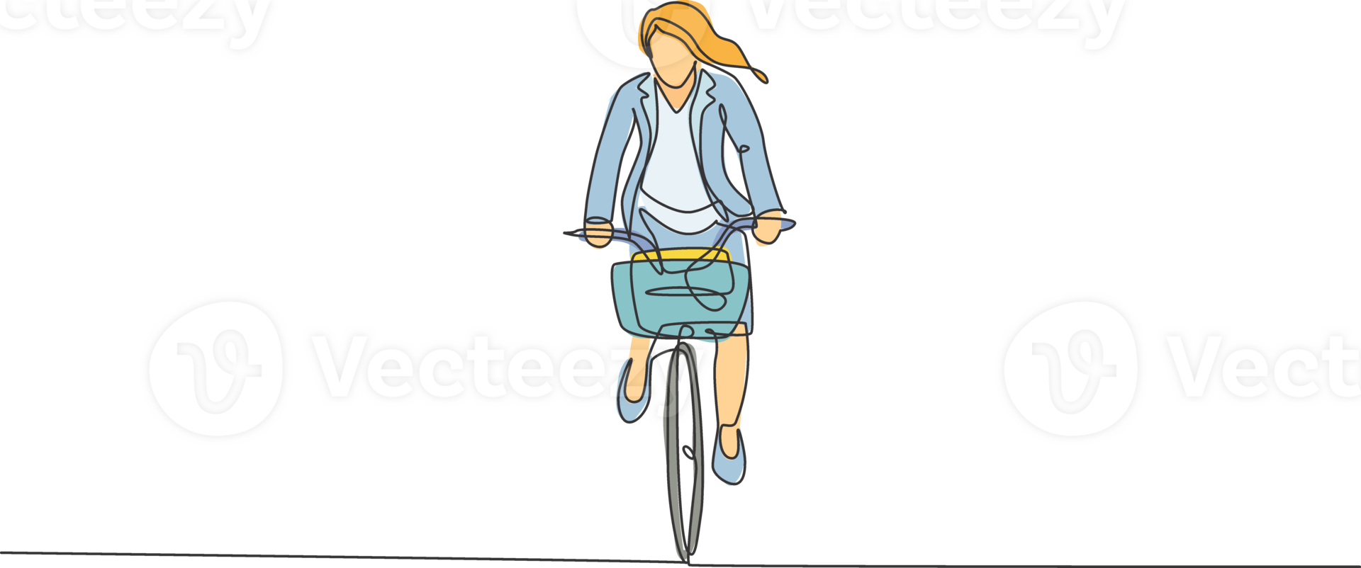 Single continuous line drawing of young professional businesswoman riding bicycle to her company. Bike to work, eco friendly transportation concept. Trendy one line draw design illustration png