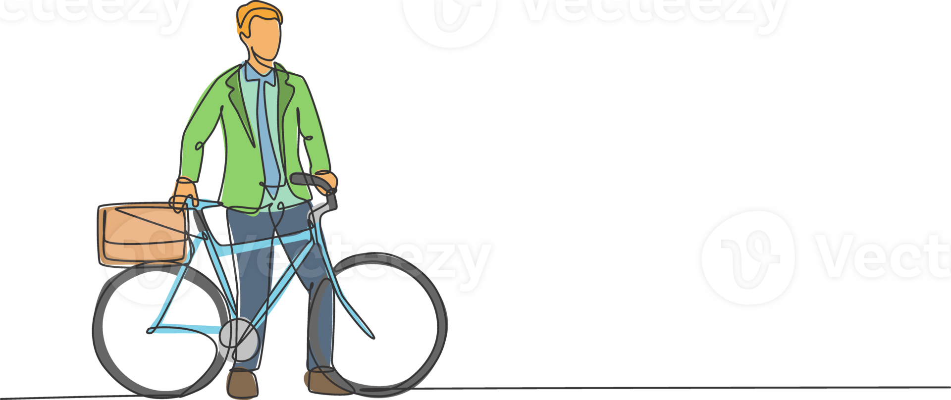 Single continuous line drawing young professional businessman riding bicycle to his company. Bike to work, eco friendly transportation concept. Trendy one line draw design graphic illustration png