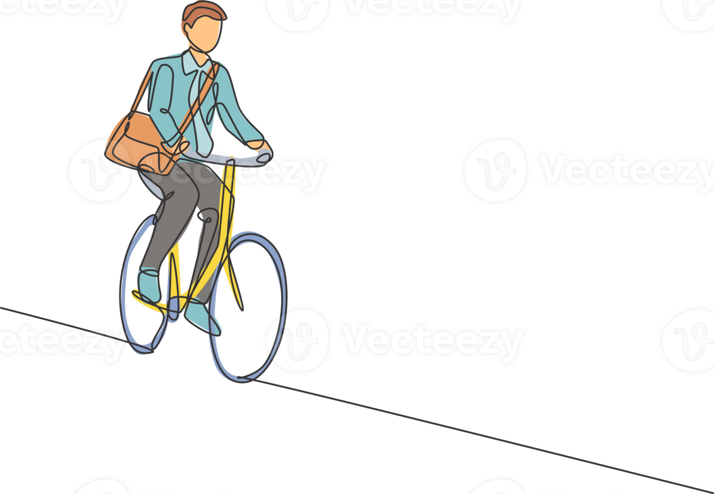 One continuous line drawing of young professional manager man cycling ride bicycle to his office. Healthy working urban lifestyle concept. Dynamic single line draw design illustration graphic png