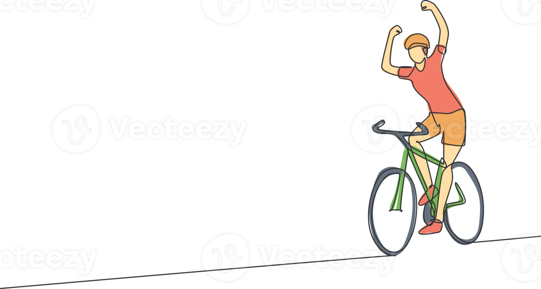Single continuous line drawing of young agile man cyclist raise his hands while reach finish line. Sport lifestyle concept. One line draw design illustration for cycling race promotion media png