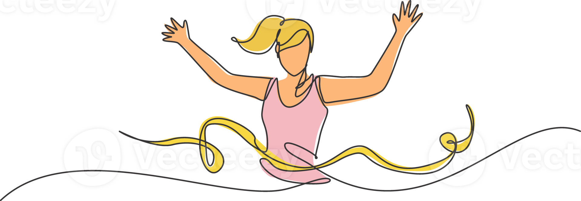 One single line drawing of young happy runner woman pass finish line and hit ribbon graphic illustration. Healthy lifestyle and competitive sport concept. Modern continuous line draw design png