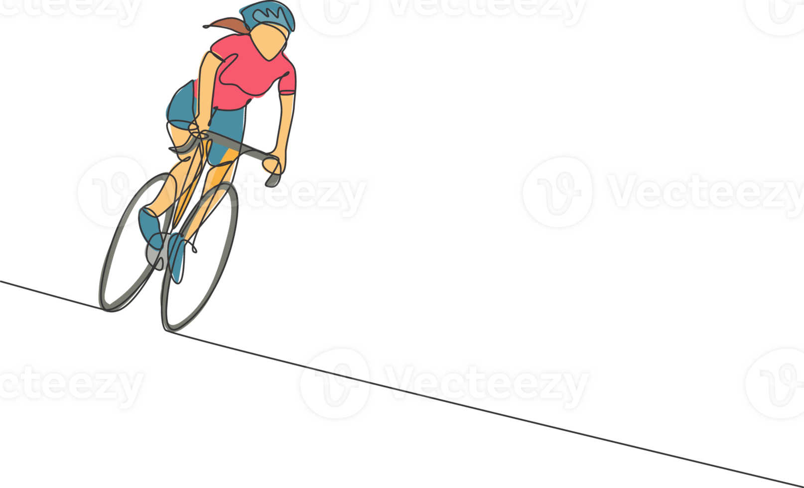 One single line drawing young energetic woman bicycle racer race at cycling track graphic illustration. Racing cyclist concept. Modern continuous line draw design for cycling tournament banner png