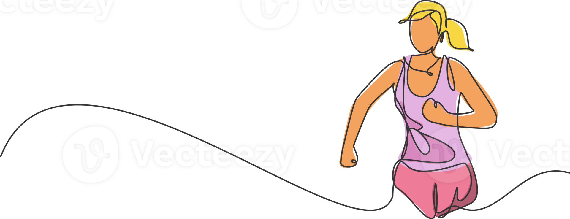 Single continuous line drawing of young happy health runner woman running at run track. Fun sport jogging and healthy lifestyle concept. Trendy one line draw design illustration graphic png