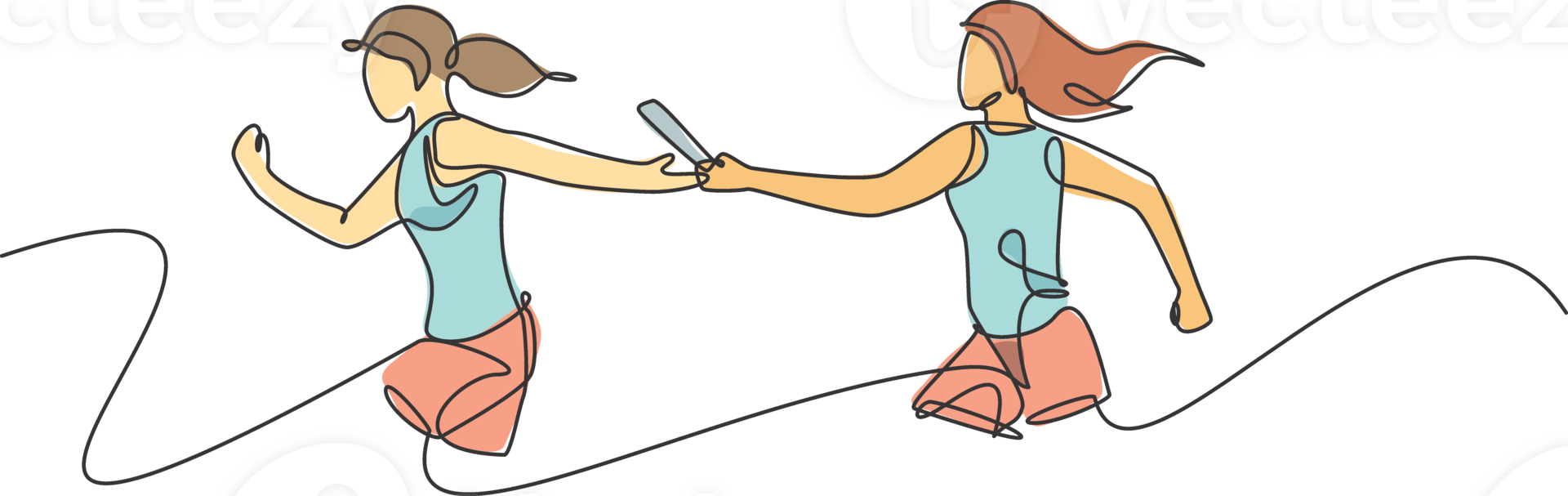 One single line drawing young happy runner women pass baton stick to her friend at race graphic illustration. Healthy lifestyle and competitive sport concept. Modern continuous line draw design png