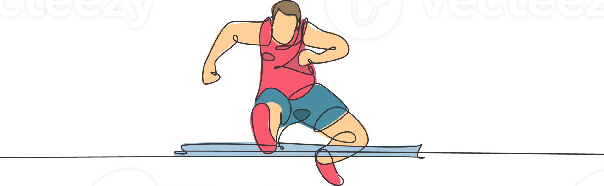 Single continuous line drawing of young happy health runner man jump running pass hurdle at run track. Fun sport jogging and healthy lifestyle concept. Trendy one line draw design illustration png