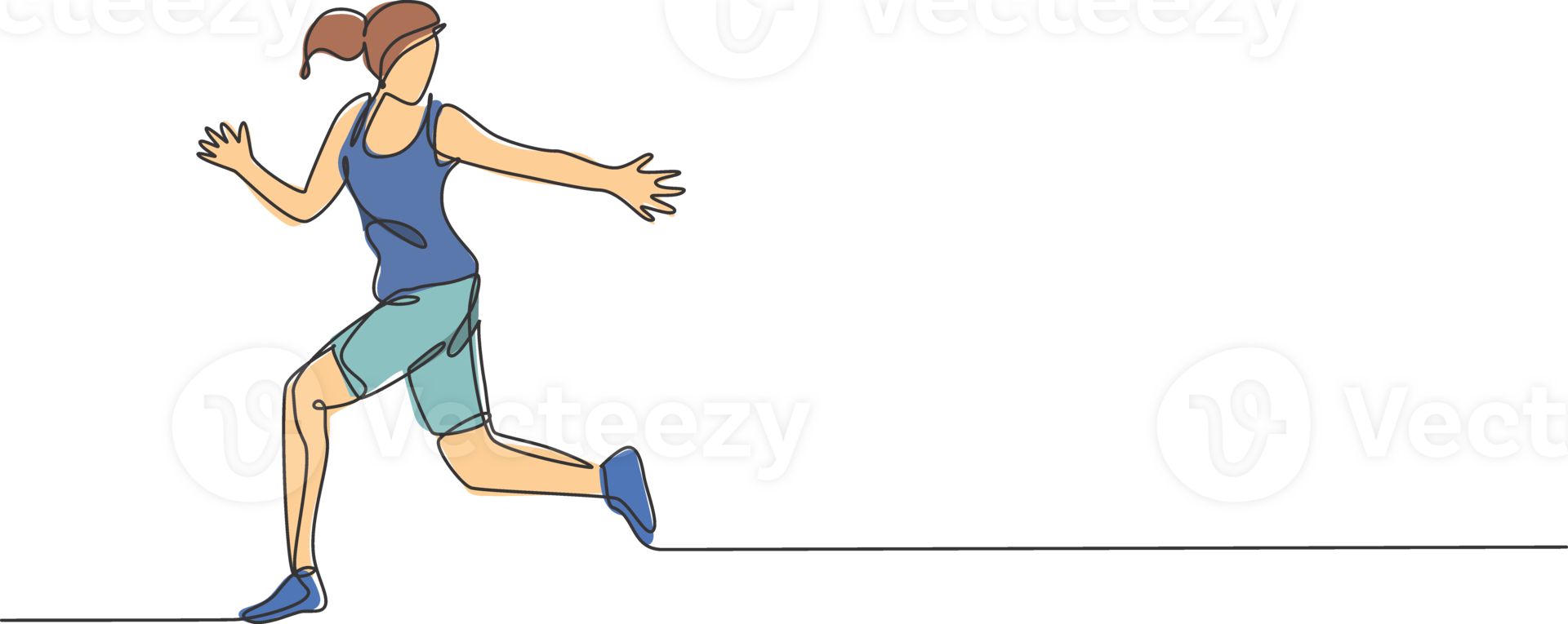 One single line drawing of young happy runner woman exercise to receive baton stick graphic illustration. Healthy lifestyle and competitive sport concept. Modern continuous line draw design png