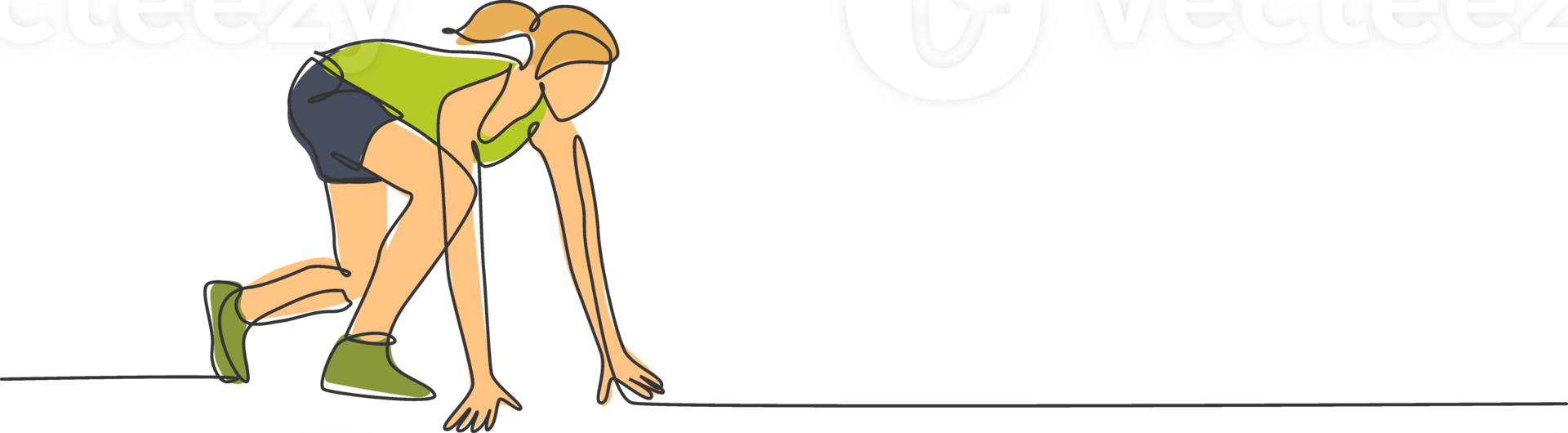 One single line drawing of young happy runner woman ready at start pole position graphic illustration. Healthy lifestyle and competitive sport concept. Modern continuous line draw design png
