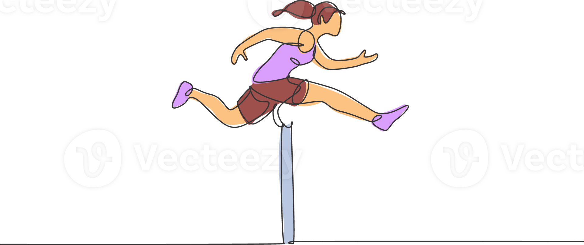 Single continuous line drawing of young happy health runner woman jump running through hurdle barrier at run track. Sport and healthy lifestyle concept. Trendy one line draw design illustration png