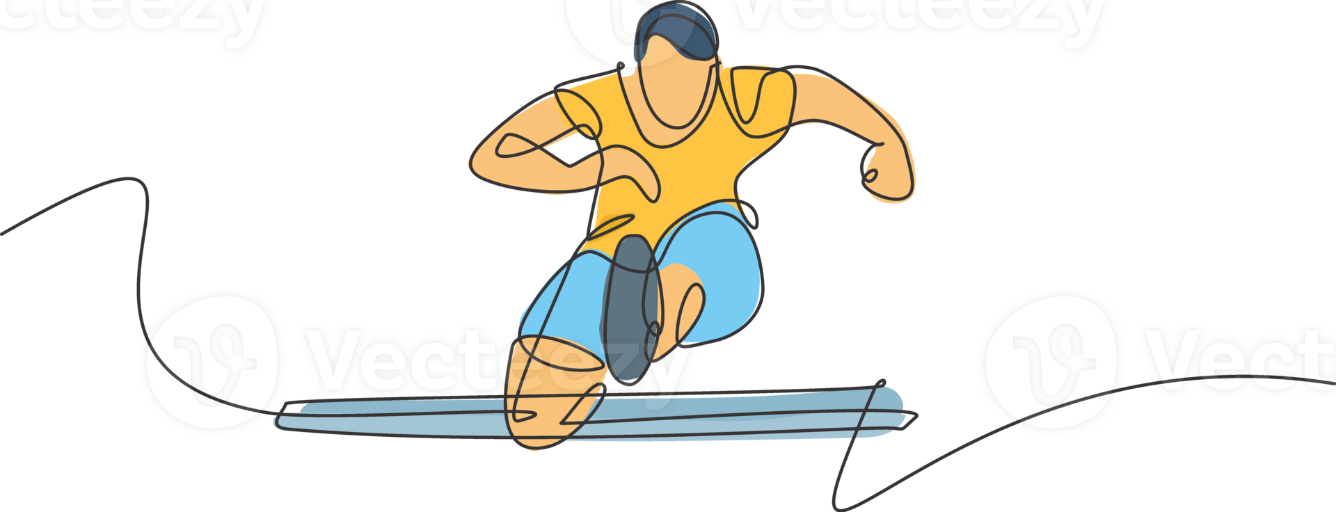 One continuous line drawing of young sporty man runner jumping obstacle while run. Health activity sport concept. Dynamic single line draw design illustration for running event promotion poster png
