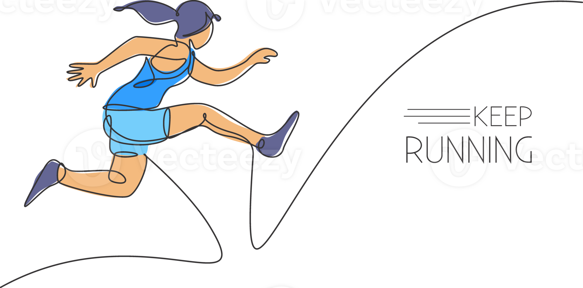 One single line drawing of young energetic woman runner practicing to jump while run illustration. Healthy sport training concept. Modern continuous line draw design for running race banner png