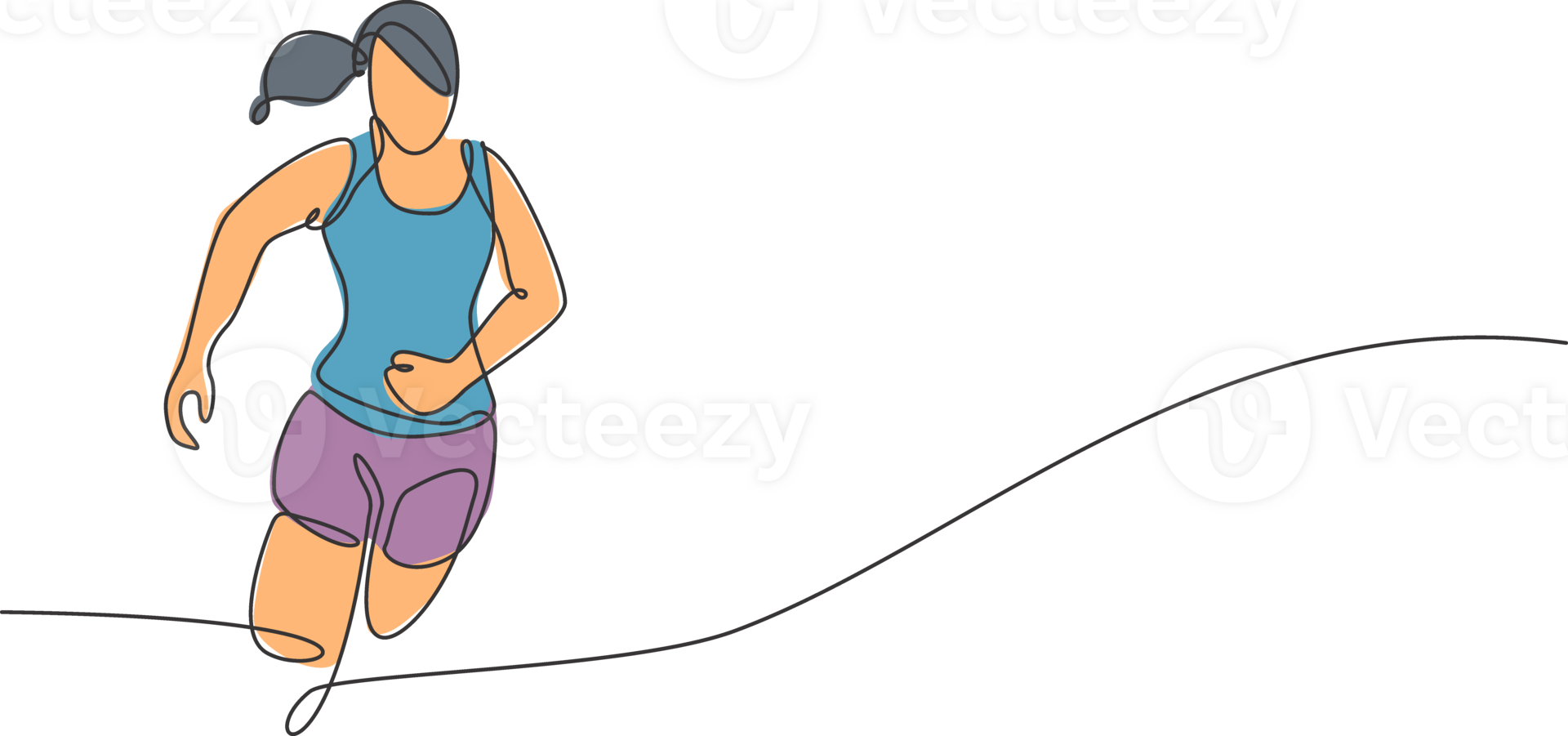 One single line drawing young energetic woman runner focus running on city road graphic illustration. Healthy sport training concept. Modern continuous line draw design for running race banner png