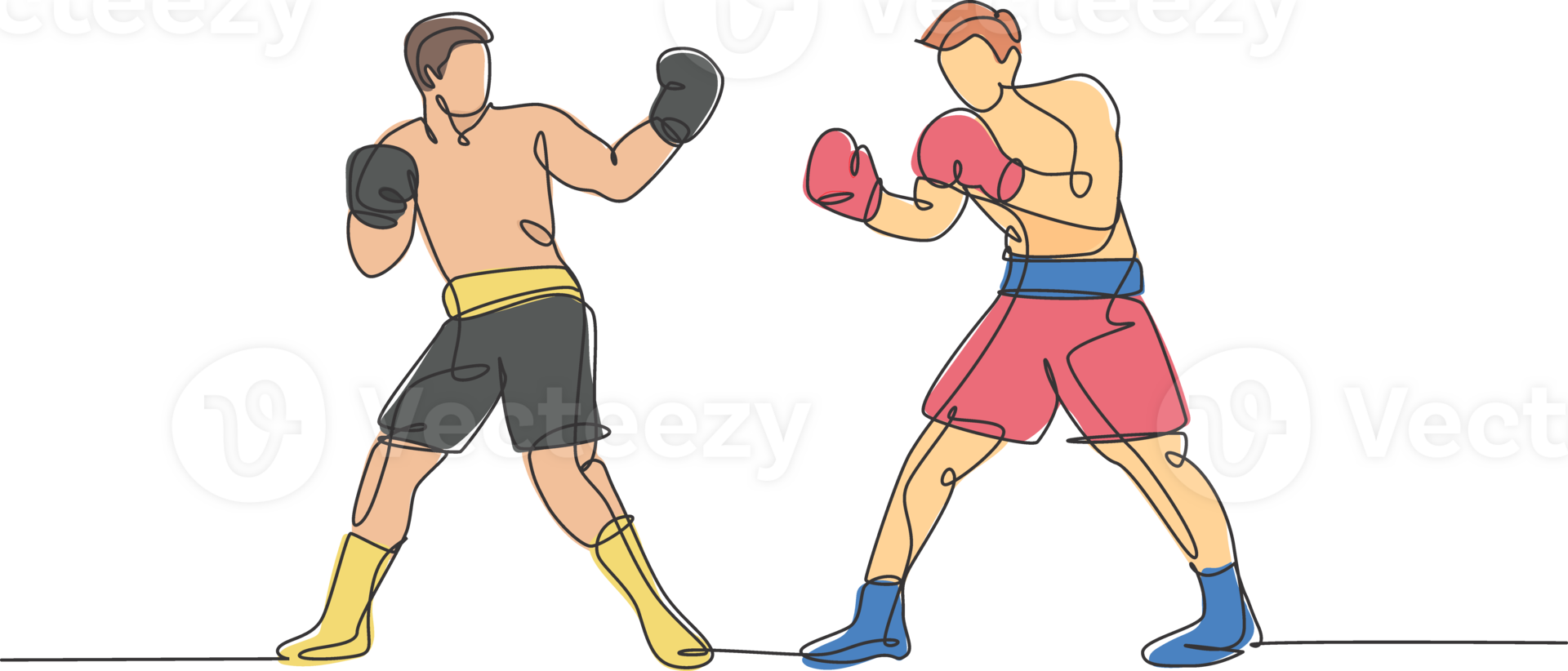 Single continuous line drawing of two young agile men boxer provoke rival at boxing match. Fair combative sport concept. Trendy one line draw design illustration for boxing game promotion media png