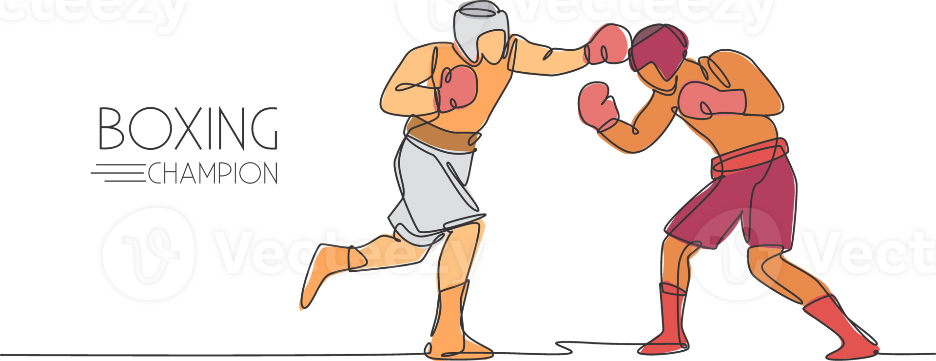 One continuous line drawing of two young sporty men boxer show exciting fight. Competitive combat sport concept. Dynamic single line draw design illustration for boxing match promotion poster png