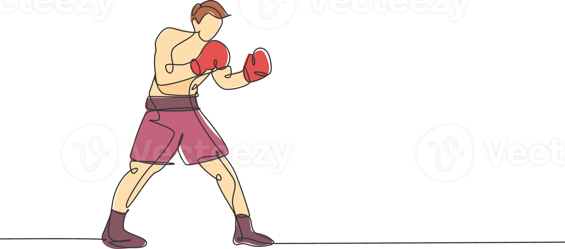 Single continuous line drawing of young agile man boxer stance confidence at sport gym. Fair combative sport concept. Trendy one line draw design illustration for boxing game promotion media png