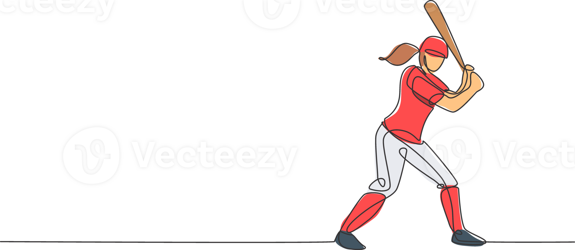 One single line drawing of young energetic woman baseball player practice to hit the ball illustration. Sport training concept. Modern continuous line draw design for baseball tournament banner png