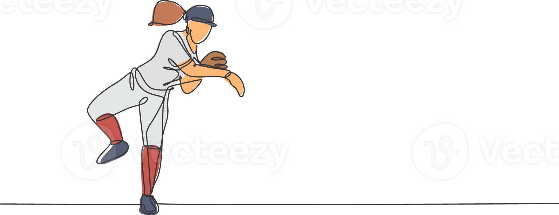 One single line drawing of young energetic woman baseball player practice throw the ball illustration. Sport training concept. Modern continuous line draw design for baseball tournament banner png