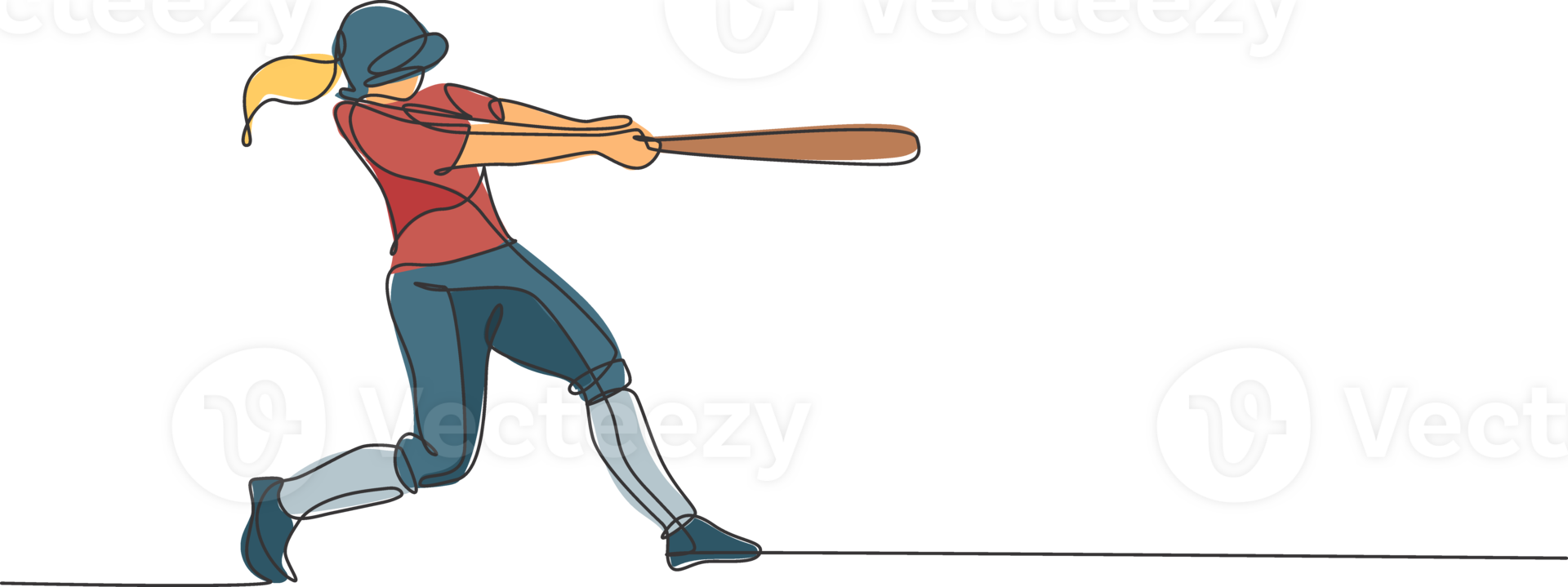 One continuous line drawing of young sporty woman baseball player practice to hit the ball. Competitive sport concept. Dynamic single line draw design graphic illustration for promotion poster png