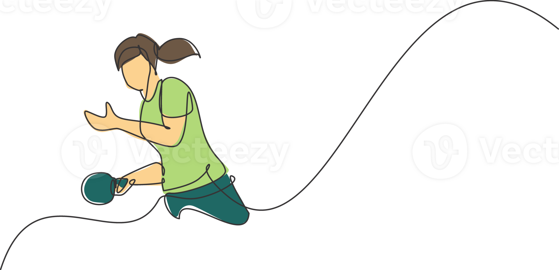 een doorlopend lijn tekening van jong sportief vrouw tafel tennis speler ernstig nemen de dienen. competitief sport concept. single lijn trek ontwerp illustratie voor ping pong kampioenschap poster png