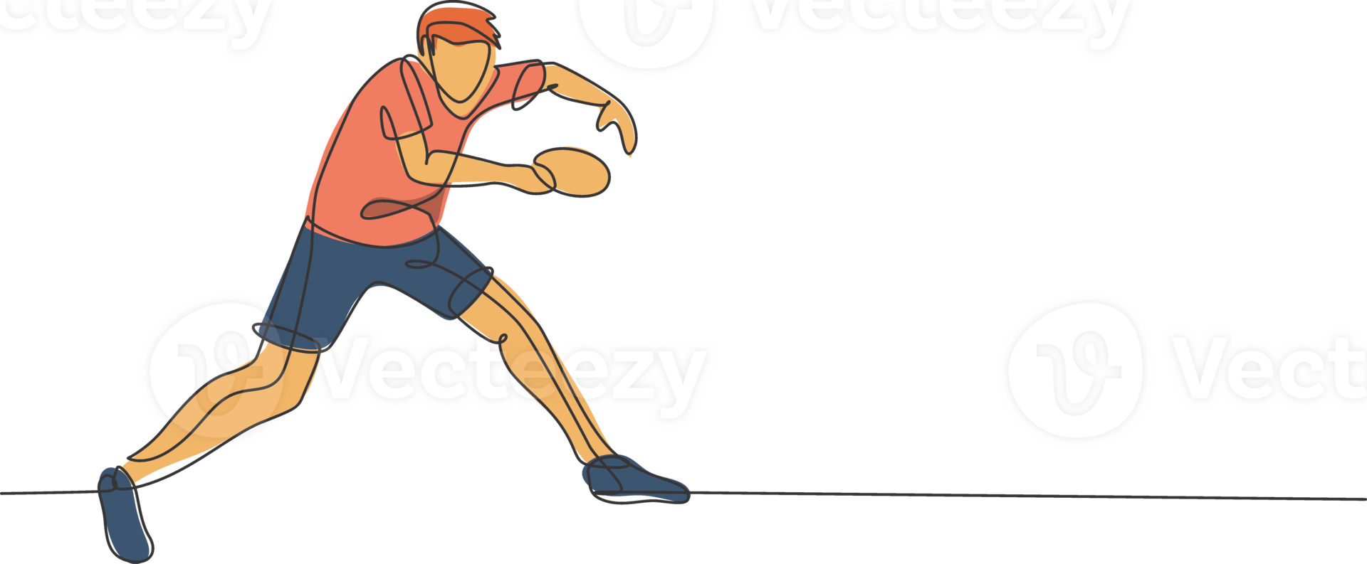 One single line drawing young energetic man table tennis player pose defensively graphic illustration. Sport training concept. Modern continuous line draw design for ping pong tournament banner png