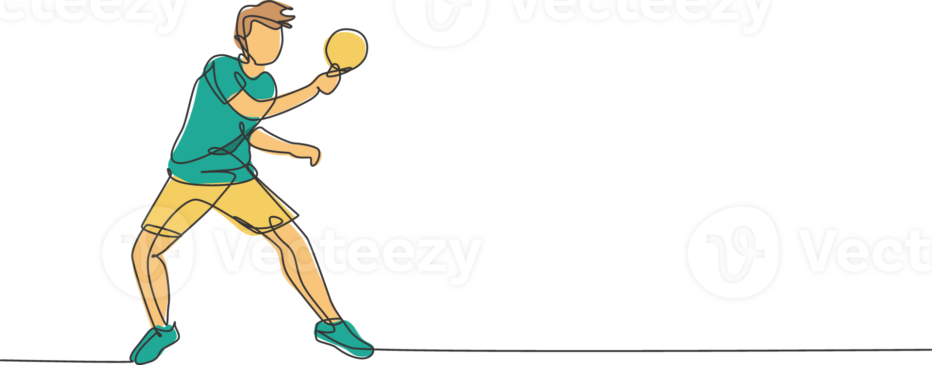 One continuous line drawing of young sporty man table tennis player practice to hit the ball. Competitive sport concept. Single line draw design illustration for ping pong championship poster png