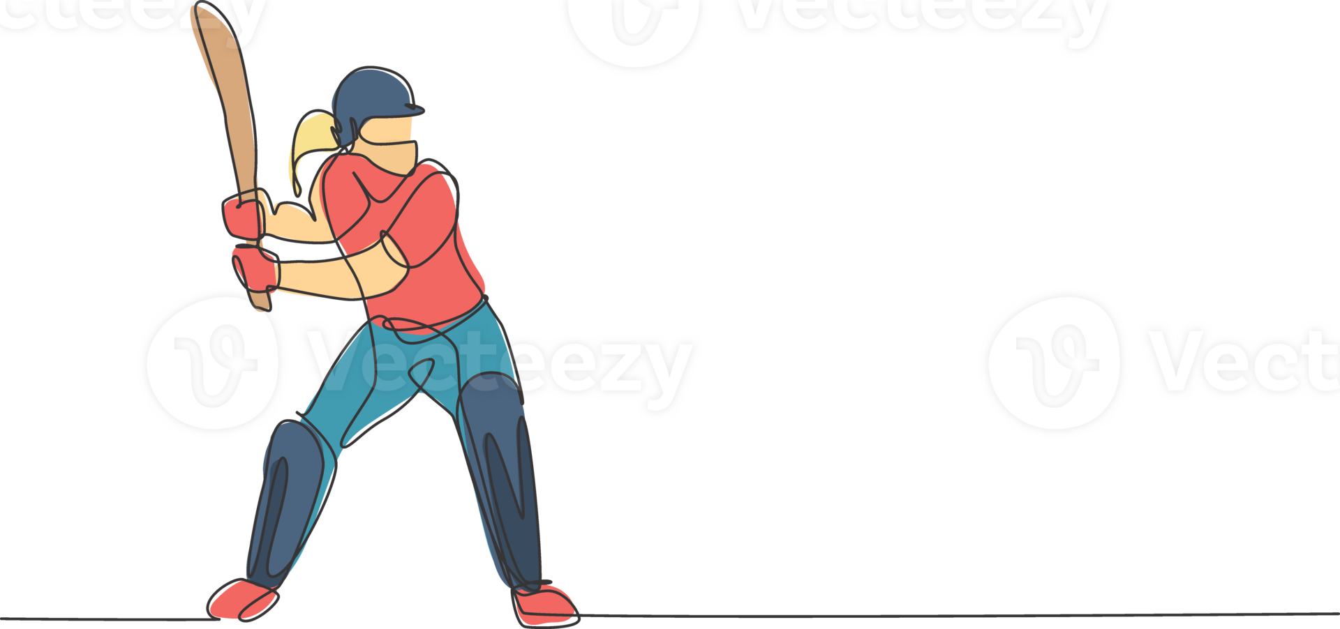 One single line drawing of young energetic woman cricket player stance standing to receive a ball illustration. Sport concept. Modern continuous line draw design for cricket competition banner png