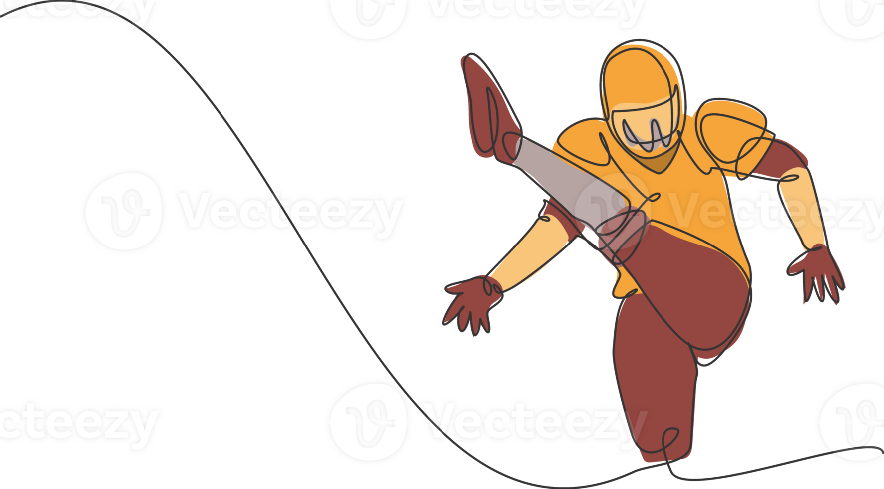 soltero continuo línea dibujo de joven ágil hombre americano fútbol americano jugador pateando el pelota con su pie para competencia medios de comunicación. deporte ejercicio concepto. de moda uno línea dibujar diseño ilustración png