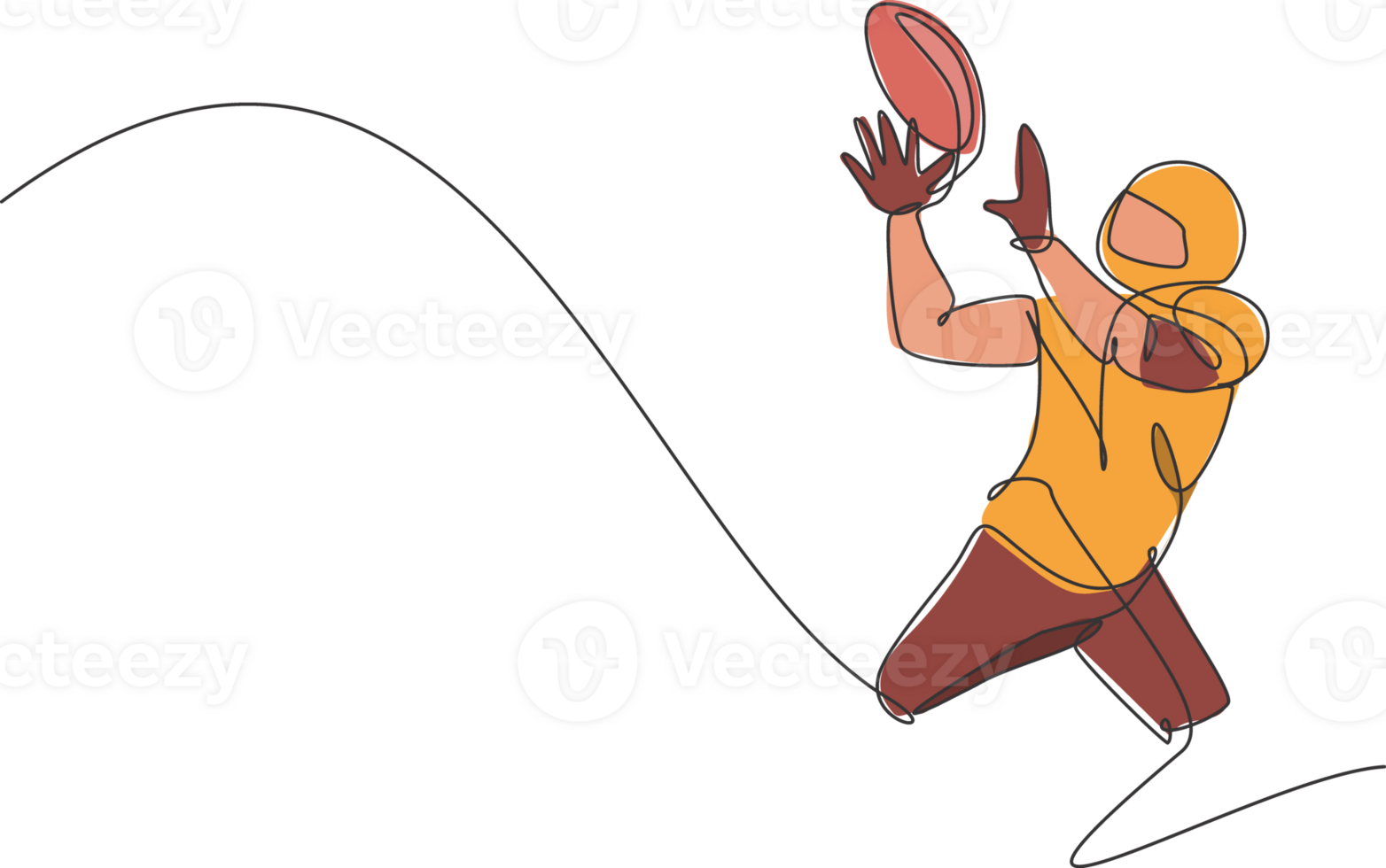soltero continuo línea dibujo de joven ágil hombre americano fútbol americano jugador hacer ejercicio a captura el pelota para competencia medios de comunicación. deporte ejercicio concepto. de moda uno línea dibujar diseño ilustración png