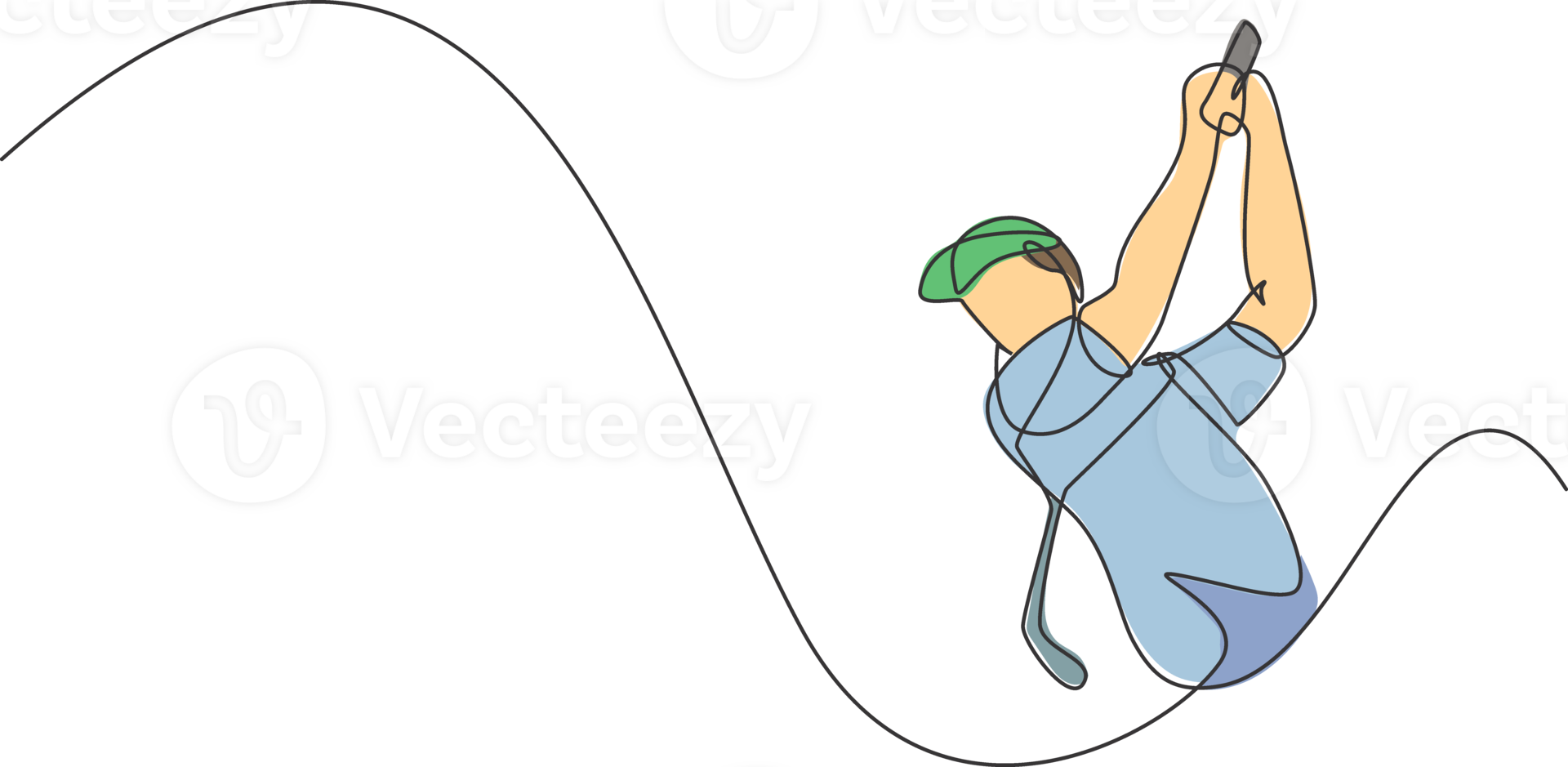 One single line drawing of young sporty golf player hit the ball using golf club graphic illustration. Healthy sport concept. Modern continuous line draw design for golf tournament poster png