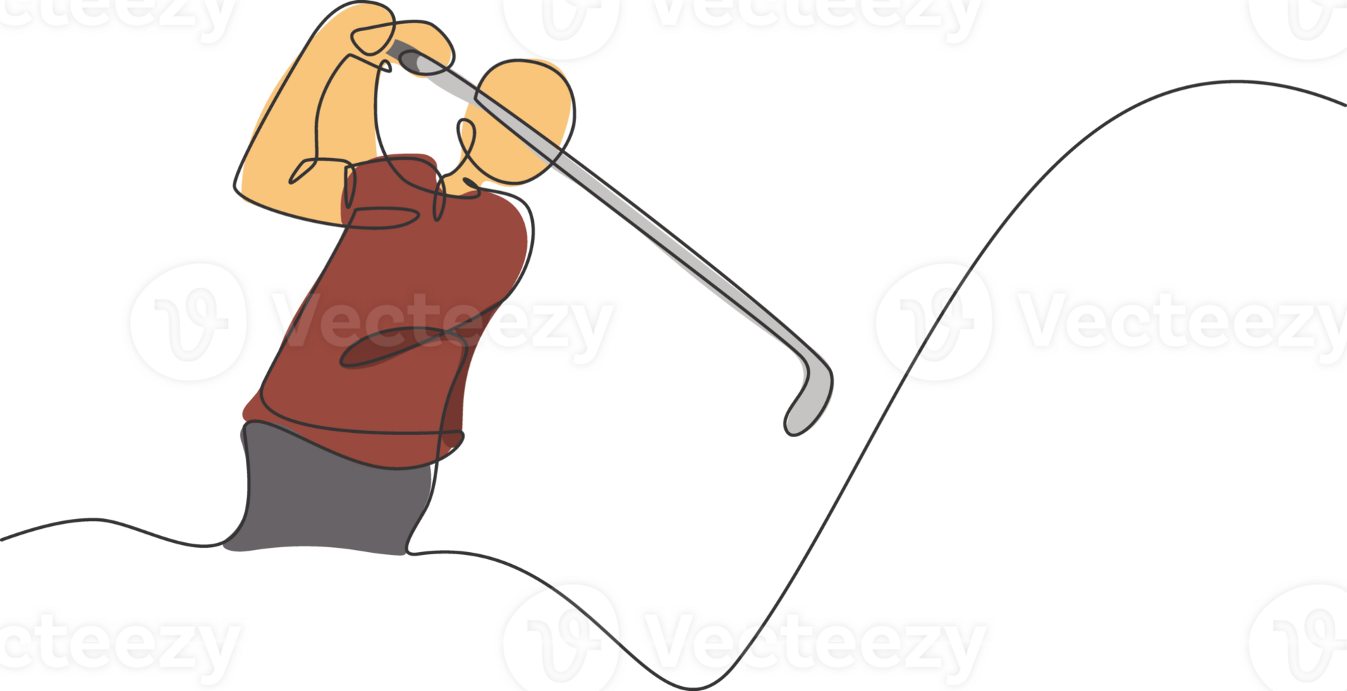 One continuous line drawing of young golf player swing golf club and hit the ball. Leisure sport concept. Dynamic single line draw design graphic illustration for tournament promotion media png