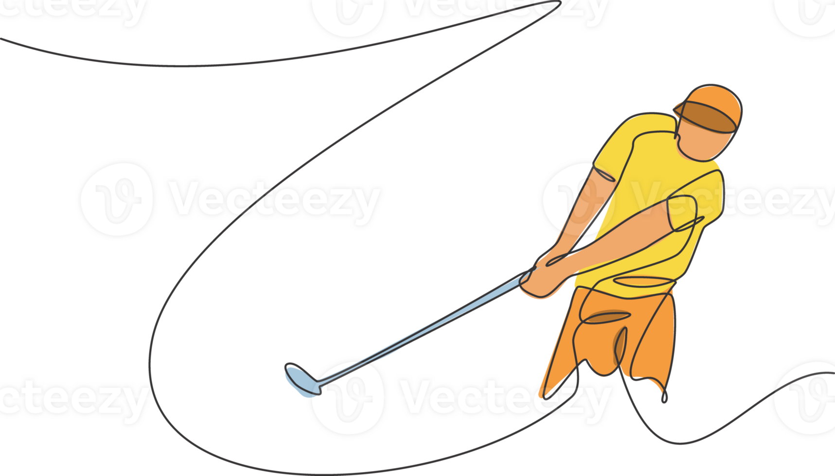 One continuous line drawing of young golf player swing golf club and hit the ball. Leisure sport concept. Dynamic single line draw design illustration graphic for tournament promotion media png