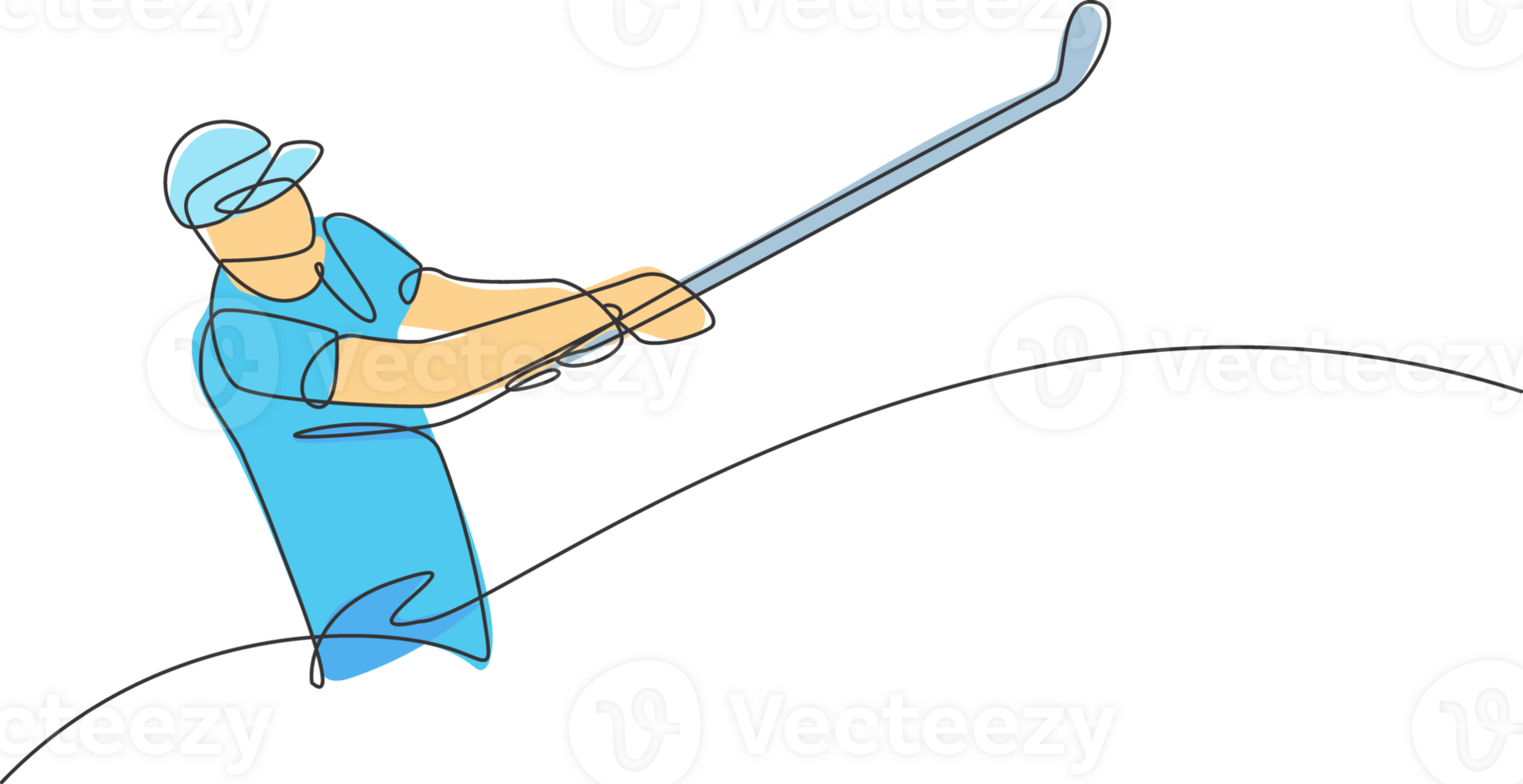 Single continuous line drawing of young happy golf player swing the golf club to hit the ball. Hobby sport concept. Trendy one line draw design illustration for golf tournament promotion media png