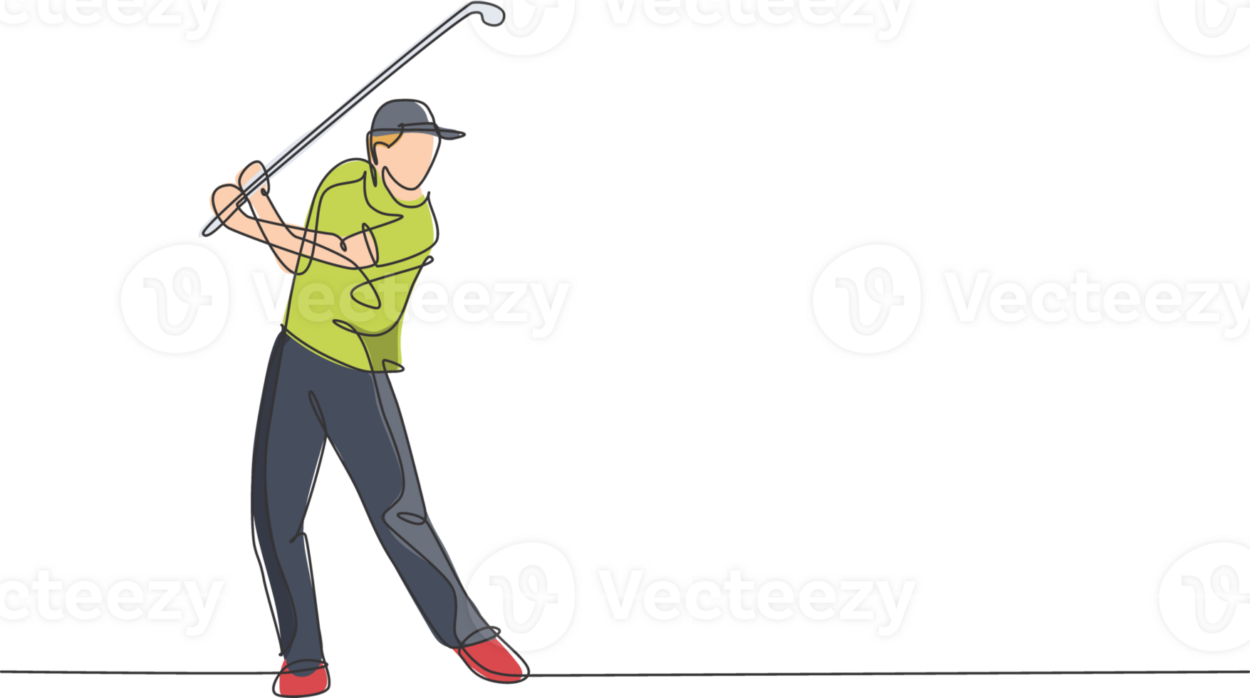 Single kontinuierlich Linie Zeichnung von jung glücklich Golf Spieler schwingen das Golf Verein zu schlagen das Ball. Hobby Sport Konzept. modisch einer Linie zeichnen Design Illustration zum Golf Turnier Beförderung Medien png