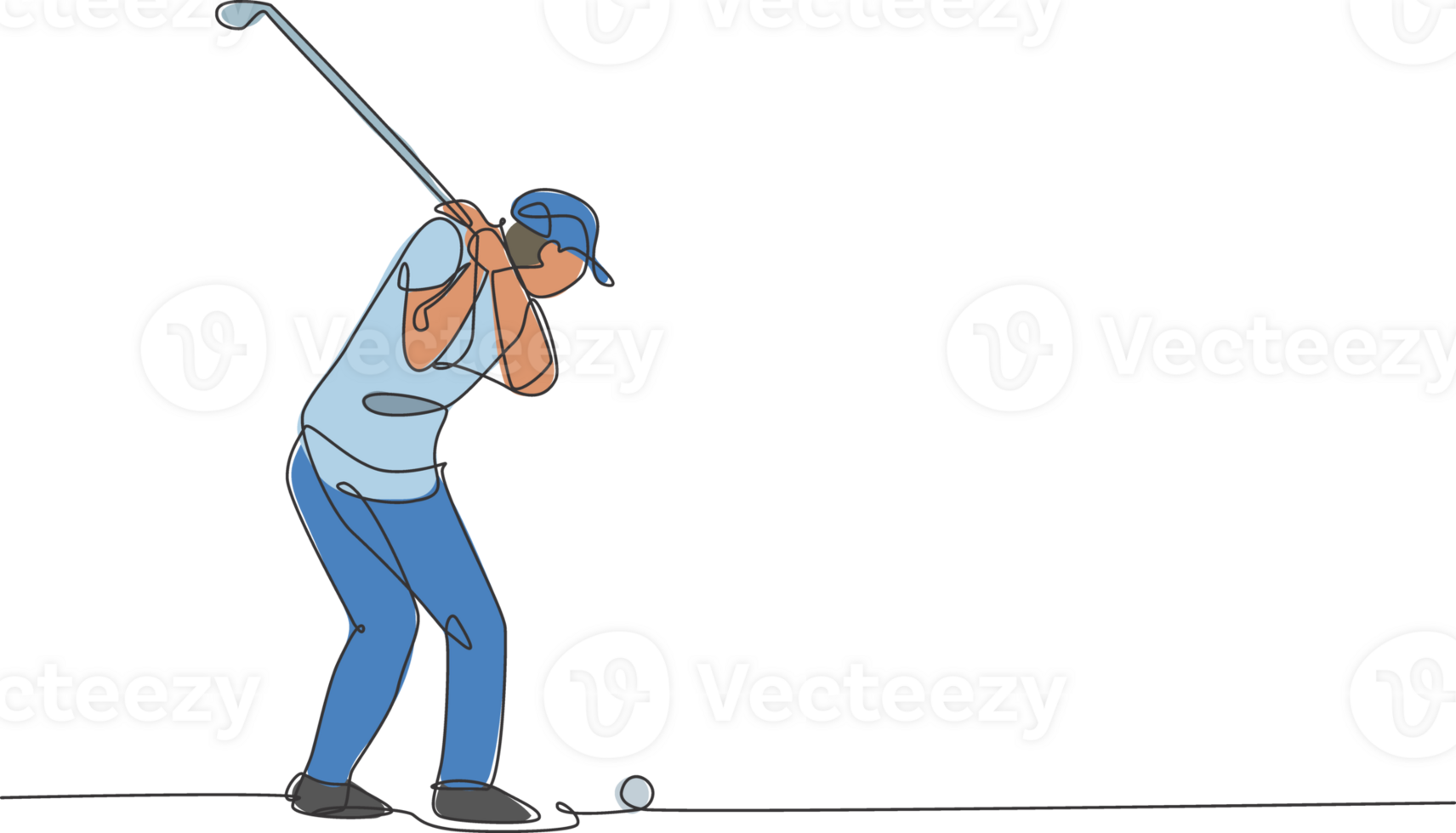 One continuous line drawing of young golf player swing golf club and hit the ball. Leisure sport concept. Dynamic single line draw design illustration graphic for tournament promotion media png