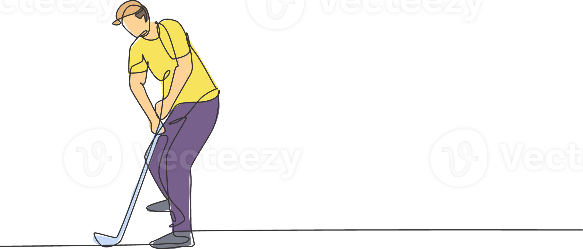 One continuous line drawing of young golf player swing golf club and hit the ball. Leisure sport concept. Dynamic single line draw graphic design illustration for tournament promotion media png