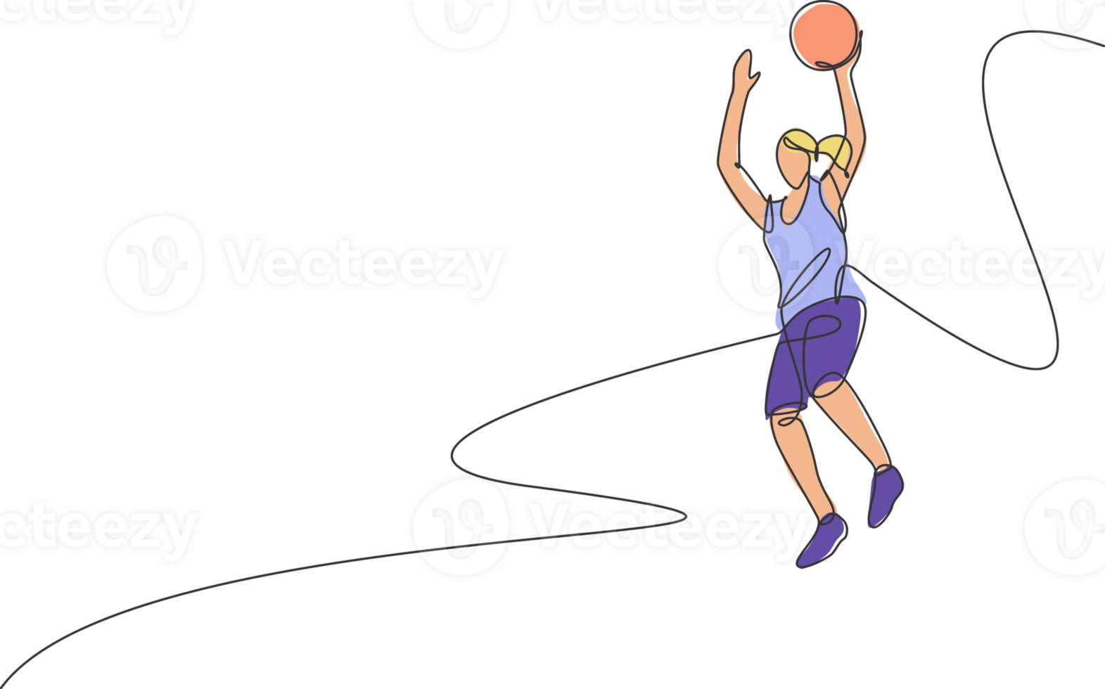 Single continuous line drawing of young healthy basketball female player jumping. Competitive sport concept. Trendy one line draw design illustration for basketball tournament promotion media png