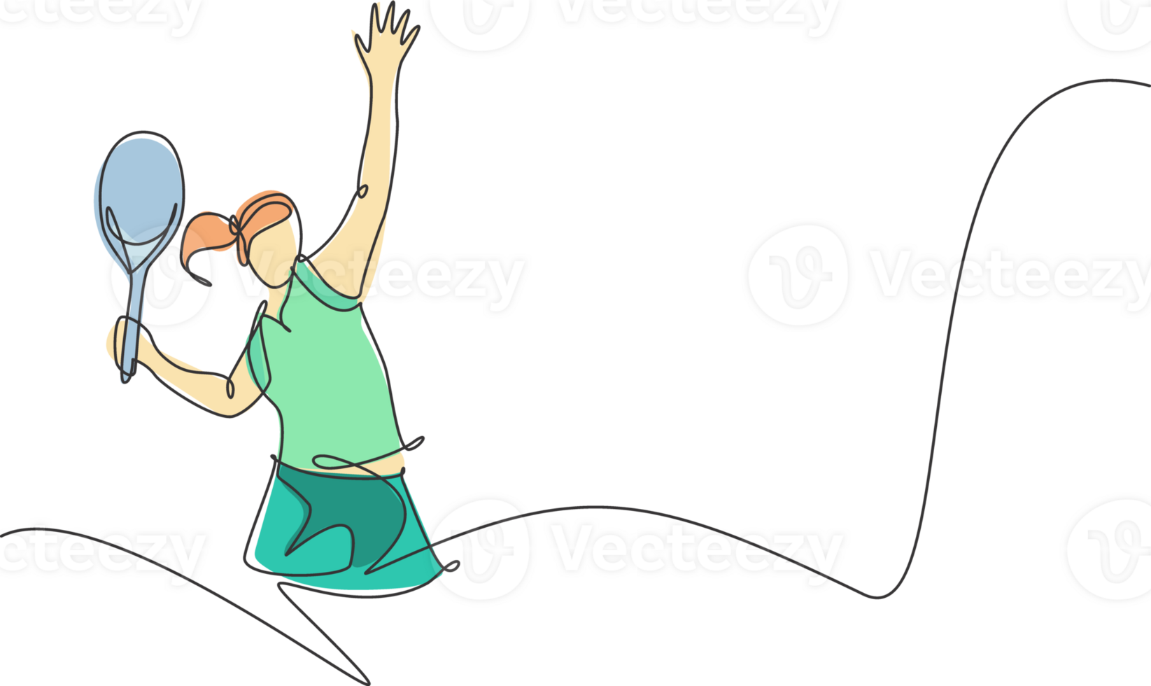 One single line drawing young energetic woman tennis player hit the ball graphic illustration. Sport training concept. Modern continuous line draw design for tennis tournament banner and poster png