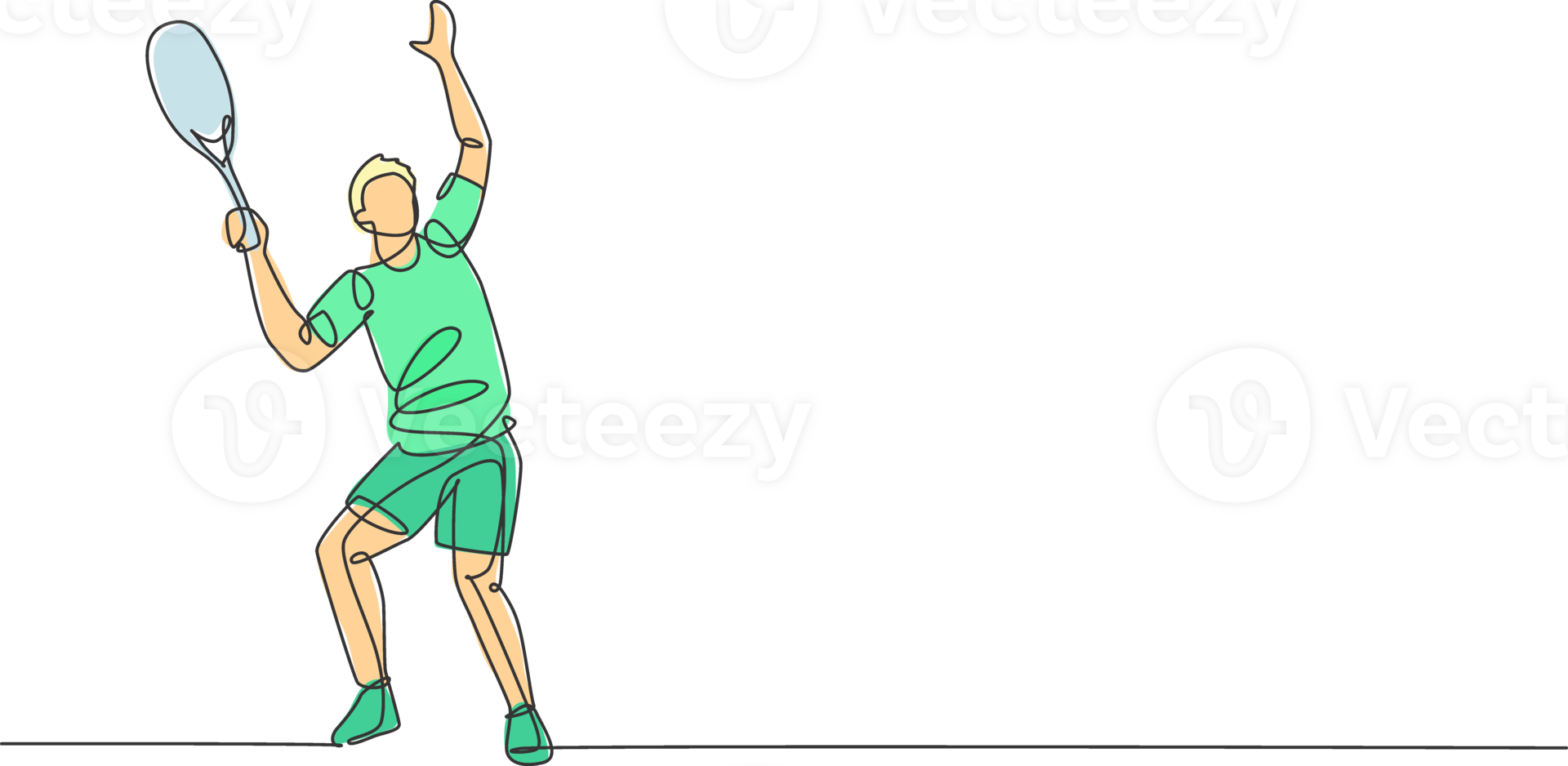 One continuous line drawing of young happy man tennis player prepare to service and hit the ball. Competitive sport concept. Dynamic single line draw design illustration for tournament poster png