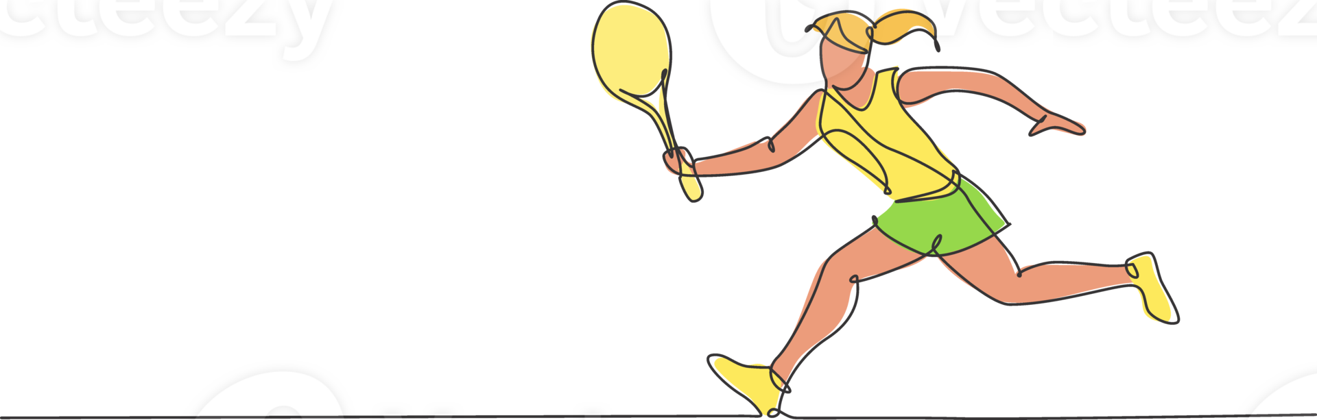 uno continuo línea dibujo joven contento mujer tenis jugador correr y golpear el pelota. competitivo deporte concepto. dinámica soltero línea dibujar diseño gráfico ilustración para torneo promoción póster png