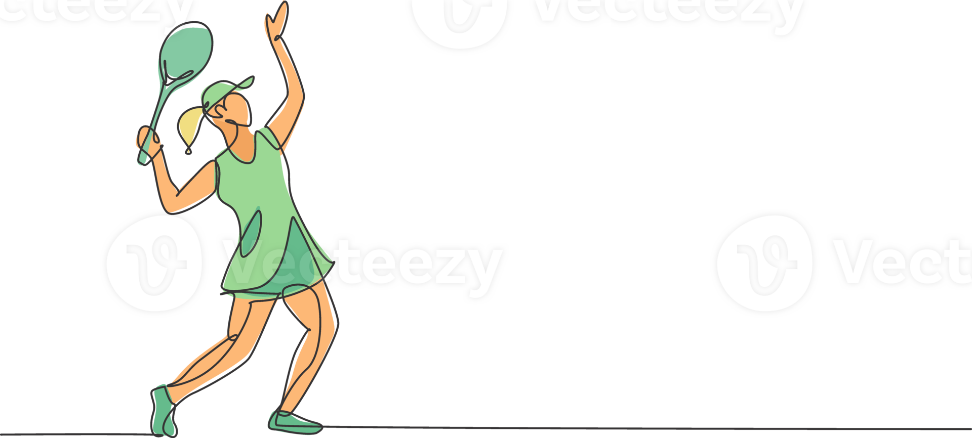 One single line drawing of young energetic woman tennis player ready to hit service ball illustration. Sport training concept. Modern continuous line draw design for tennis tournament banner png