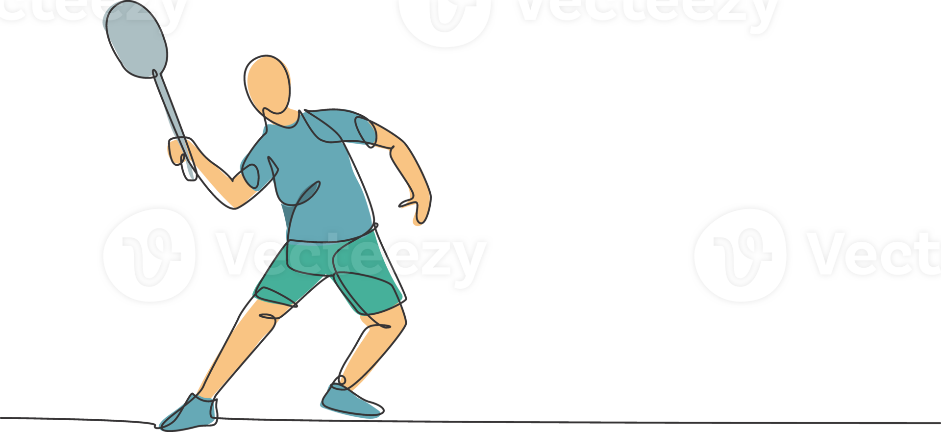 One single line drawing of young energetic badminton player jumping and smash shuttlecock illustration. Healthy sport concept. Modern continuous line draw design for badminton tournament poster png