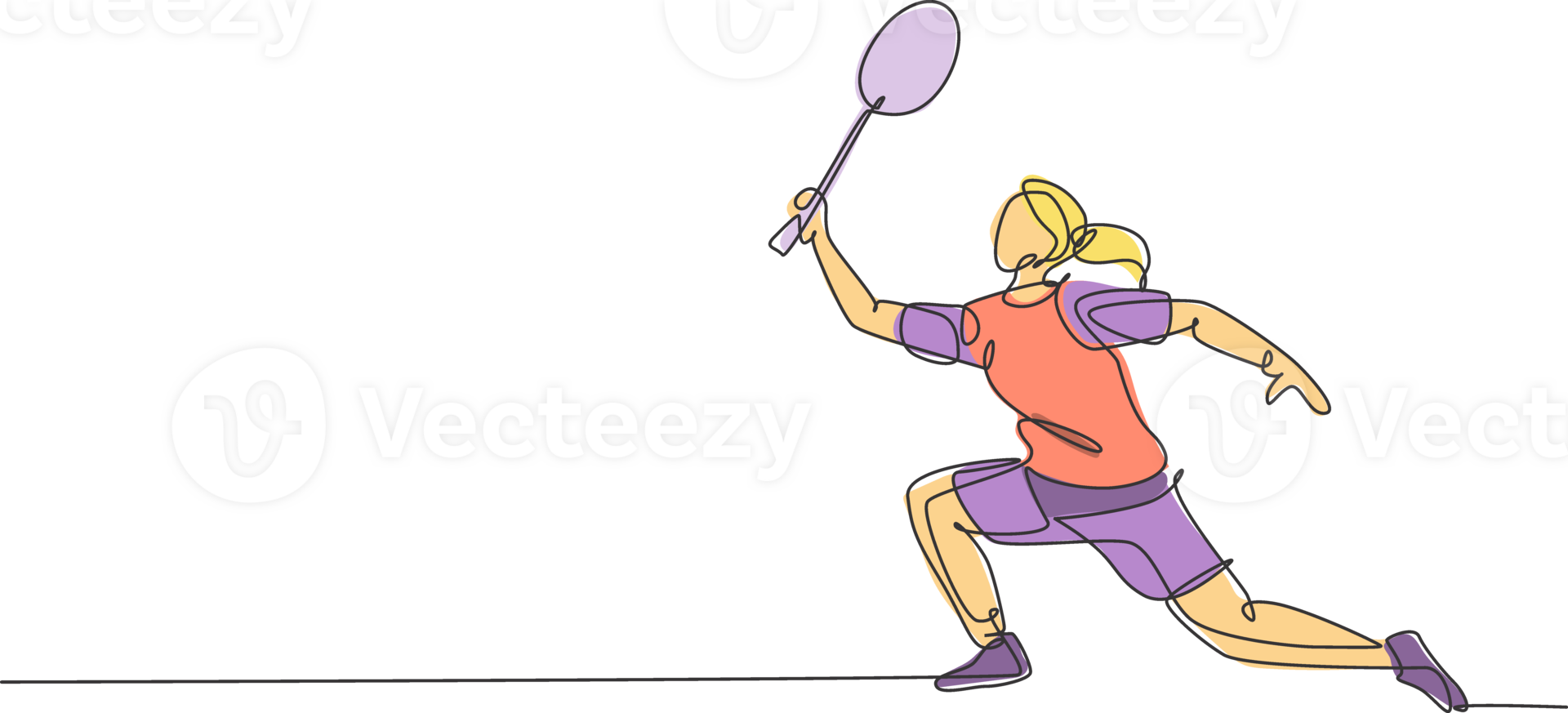One single line drawing of young energetic badminton player jumping and smash shuttlecock illustration. Healthy sport concept. Modern continuous line draw design for badminton tournament poster png