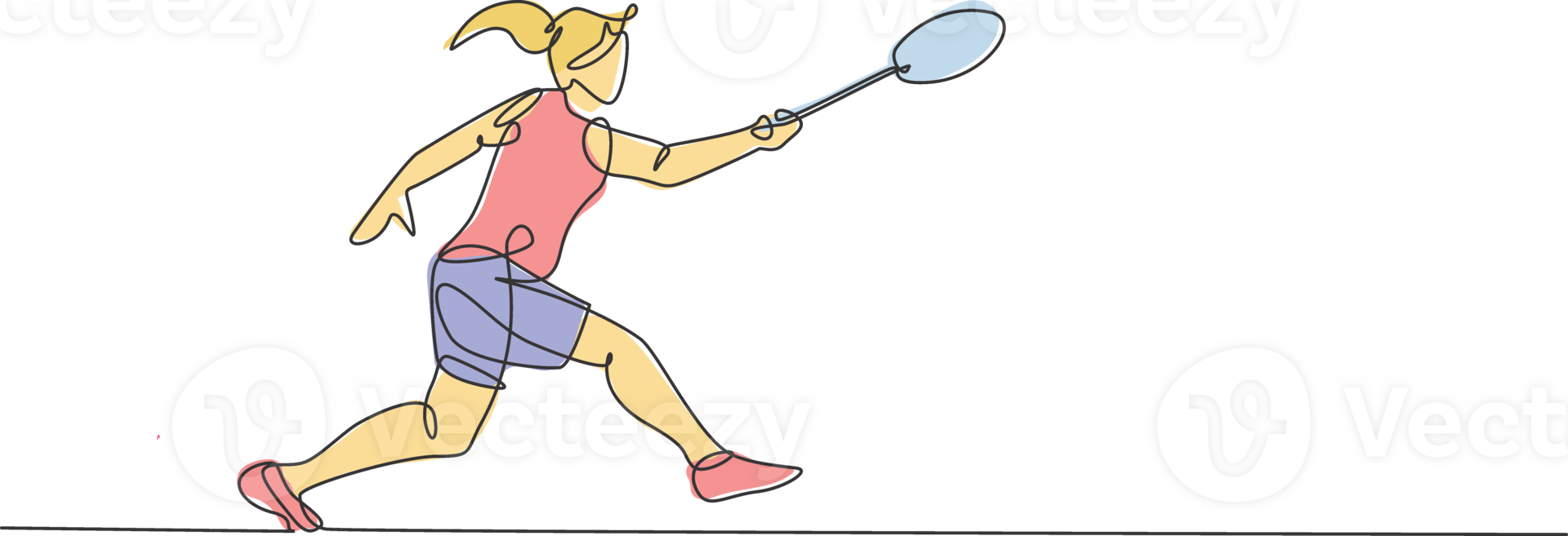 One continuous line drawing of young badminton player hit shuttlecock with racket. Competitive sport concept. Dynamic single line draw design illustration for tournament match promotion poster png