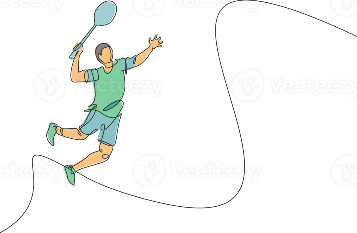 Single continuous line drawing of young agile badminton player jump hit shuttlecock. Sport exercise concept. Trendy one line draw design illustration for badminton tournament publication media png