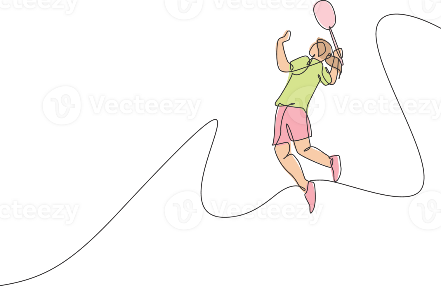 1 solteiro linha desenhando do jovem enérgico badminton jogador pulando e esmagar peteca ilustração. saudável esporte conceito. moderno contínuo linha desenhar Projeto para badminton torneio poster png