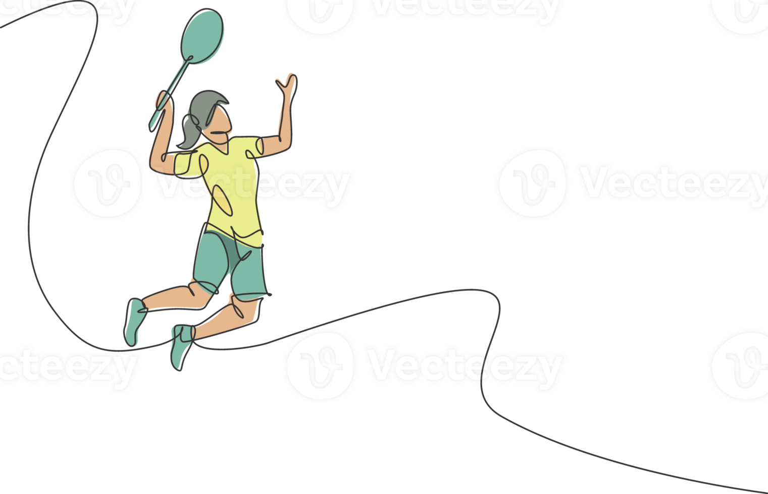 Single continuous line drawing of young agile badminton player jump hit shuttlecock. Sport training concept. Trendy one line draw design illustration for badminton tournament publication media png
