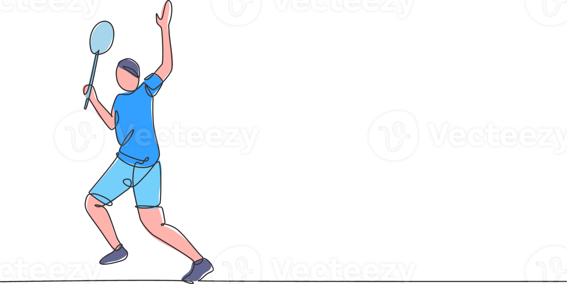 Single continuous line drawing of young agile badminton player hit shuttlecock. Competitive sport concept. Trendy one line draw design illustration for badminton tournament publication media png