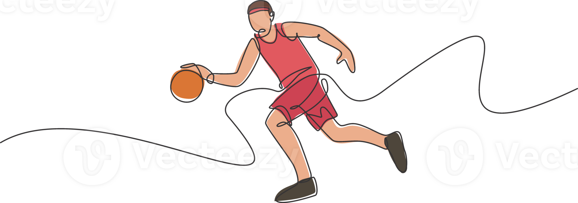 Single continuous line drawing of young healthy basketball player dribbling a ball. Competitive sport concept. Trendy one line draw design illustration for basketball tournament promotion media png