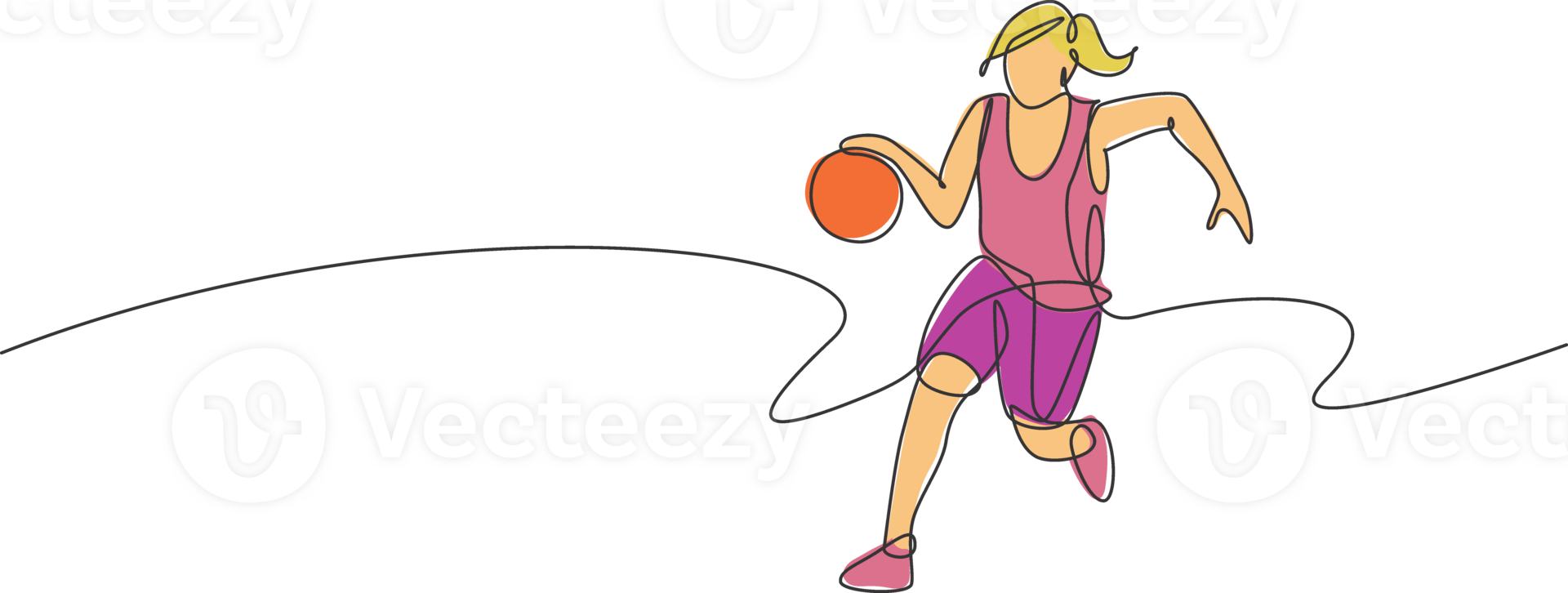 Single continuous line drawing of young healthy basketball female player dribbling. Competitive sport concept. Trendy one line draw design illustration for basketball tournament promotion media png