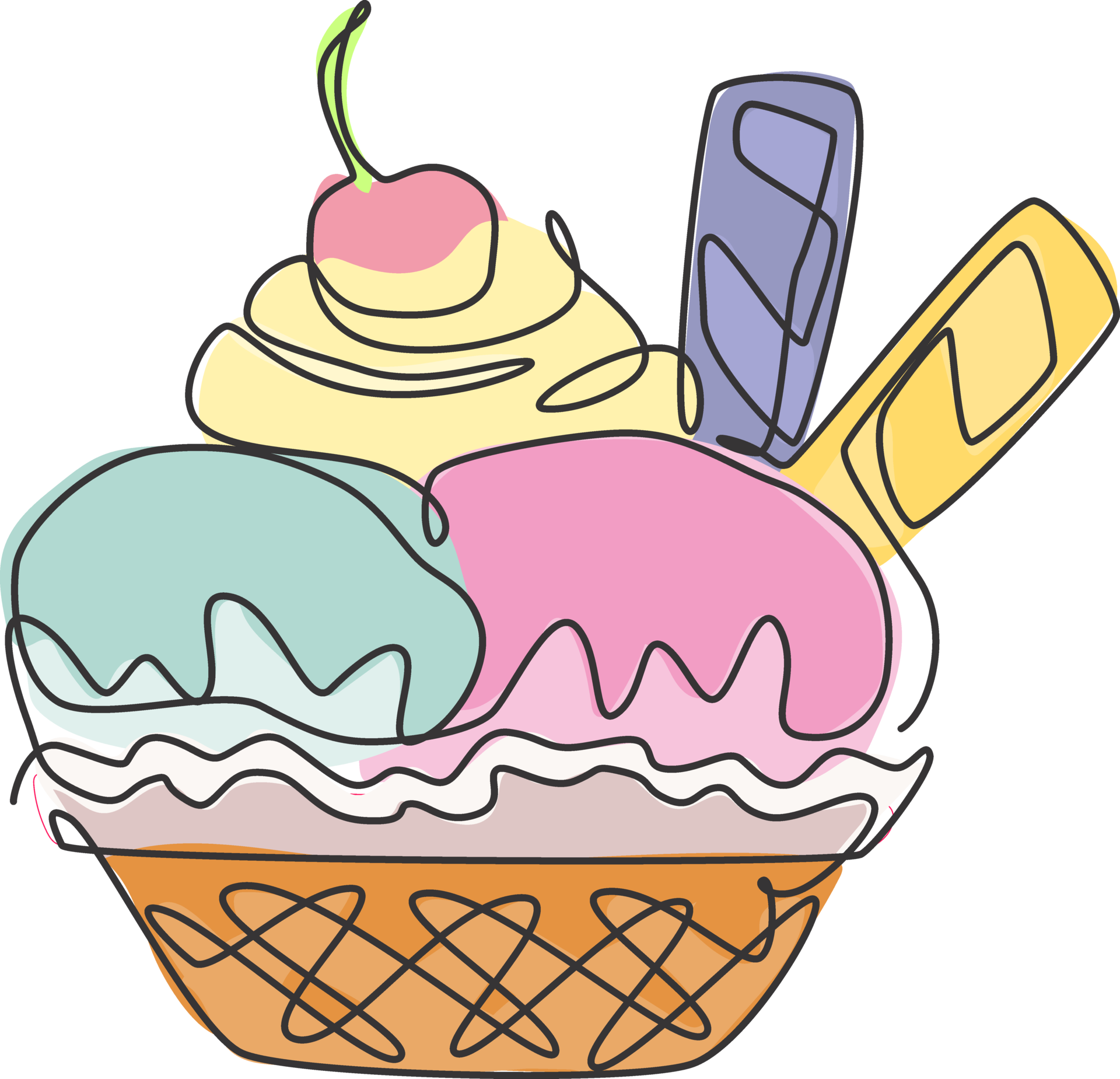 Single continuous line drawing of stylized ice cream cup with cherry
